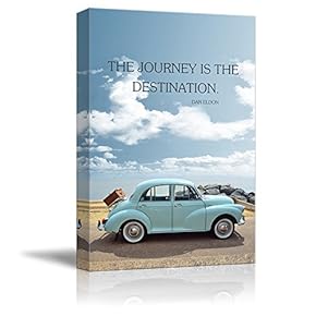 Canvas Wall Art - The Journey is The Destination Quote with Blue Car - Giclee Print Gallery Wrap Modern Home Art Ready to Hang - 12x18 inches