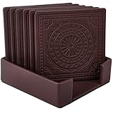 Drink Coasters,PU Leather Coasters for Drinks Glasses Set of 6 with Holder-Protect Furniture From Water Marks(Coffee)