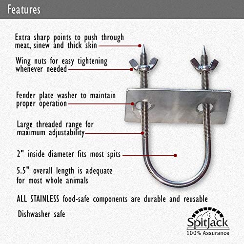 SpitJack Stainless Rotisserie Fork U-Bolt, 5.5 Inches Long Meat Trussing Accessories. 2 Inch Wide Spit Rod Capacity. Rotisserie Parts for Whole BBQ Pig, Hog, Lamb and Turkey.