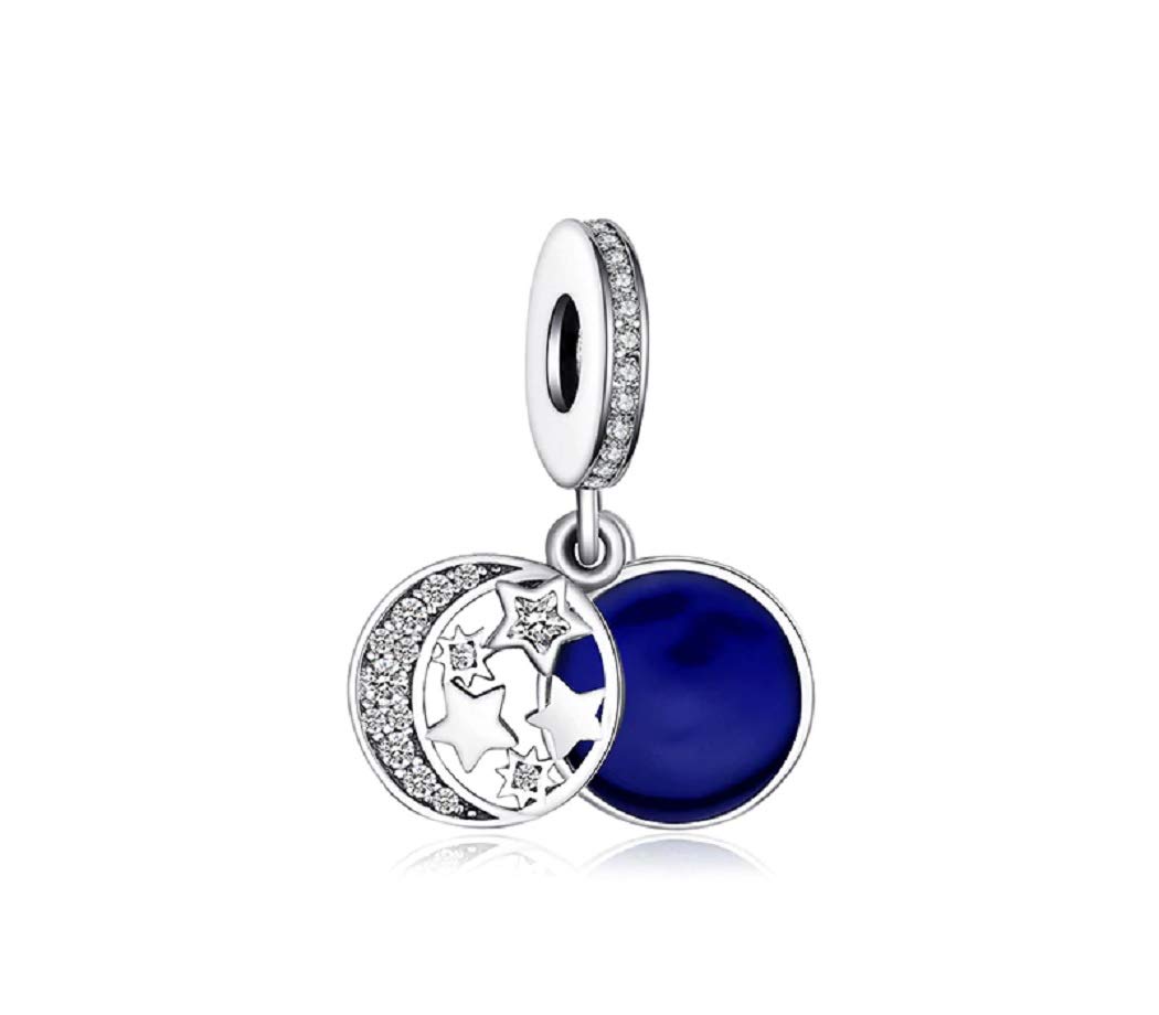 FeatherWish 925 Sterling Silver Moon And Stars Blue Family Love Dangle Pendant Charm With Cubic Zirconia Compatible With Pandora Bracelet (Blue Disc Dangle)