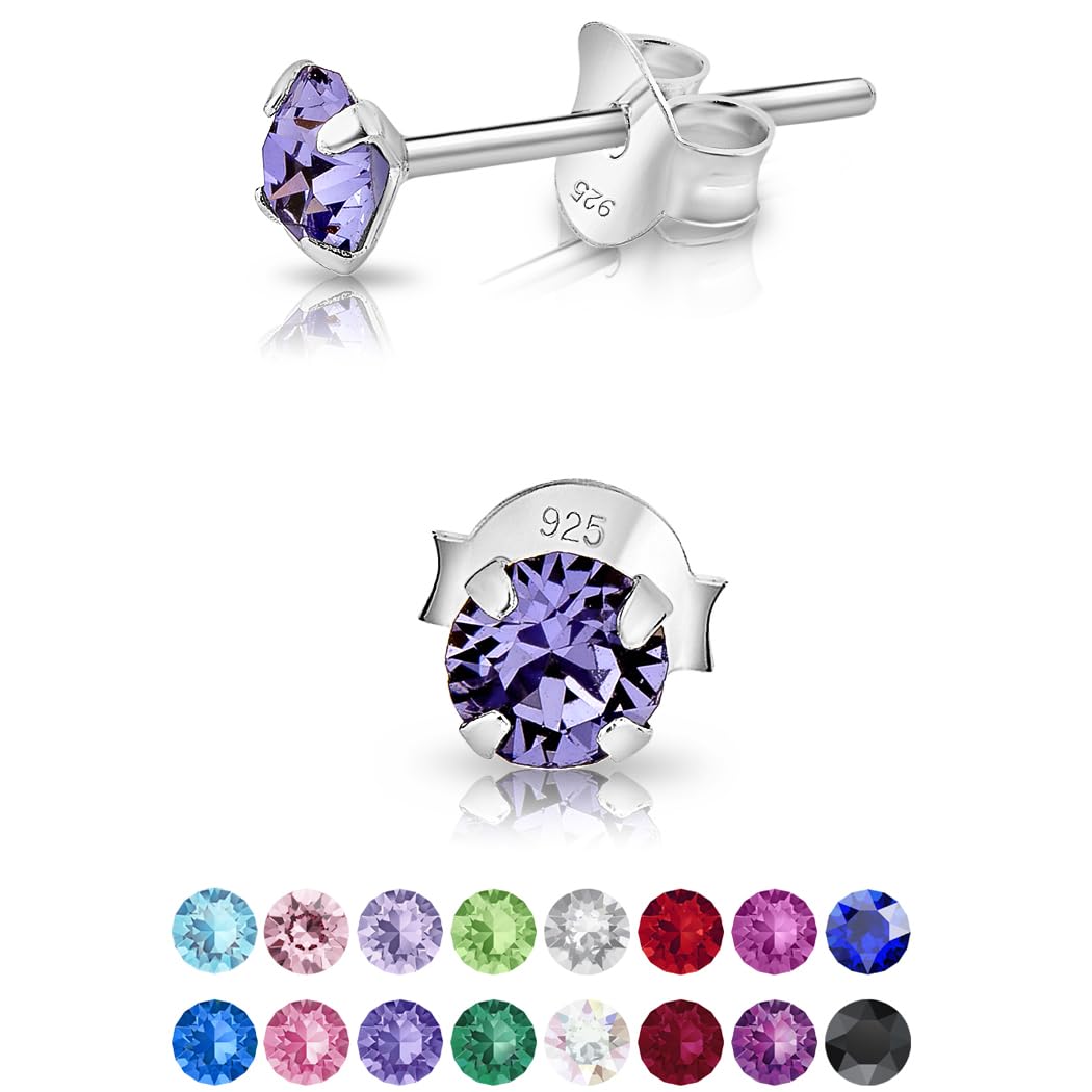 925 Sterling Silver Round SMALL Stud Earrings made with Glittering Crystals - Silver Studs Earrings for Woman - Diameter: 4 mm - Colour : Tanzanite