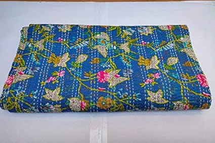 Textile Work Creations Hippie Blue Floral Print Indian Quilts Kantha Twin Reversible Bedcover Bohemian Bedding Throw Stitched Coverlets Ethnic Blue Paradise Decor