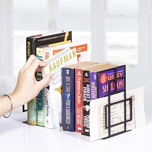 RooLee Decorative Kid's Book Ends Heavy Duty, Black Metal Bookends Supports for Shelves, Unique Window Lattice Design