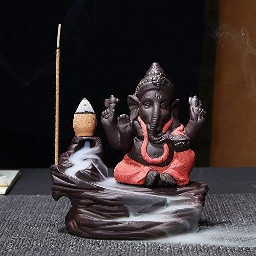 Iya Creations Backflow Incense Burner Lord Ganesha Emblem Auspicious and Success Cone Censer Ceramic Home Decor Ganesha Stick Holders with Free 10 Backflow Cones (Red)