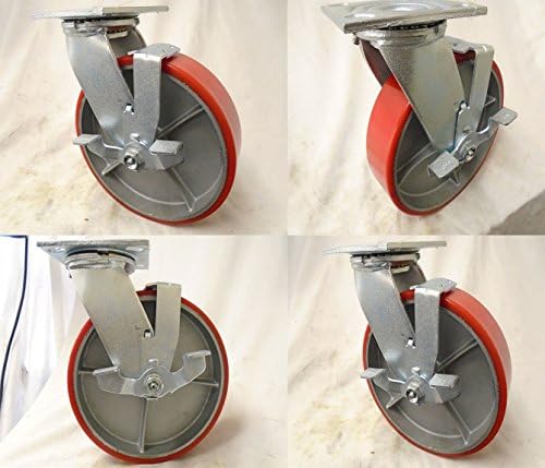 8" X 2" Swivel Caster Heavy Duty Polyurethane Wheel Steel Hub with Brake 1400lb Each (4) Tool Box