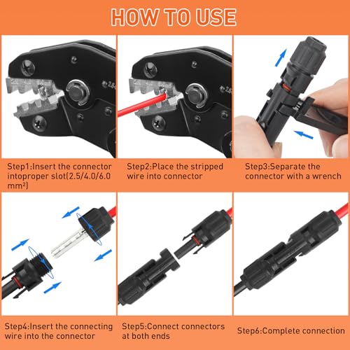Crimper Terminals for 2.5/4.0/6.0 M² Solar Cable, 12 Pairs Solar Connectors, 2 Pieces Keys, for Mounting Solar Panels Cables