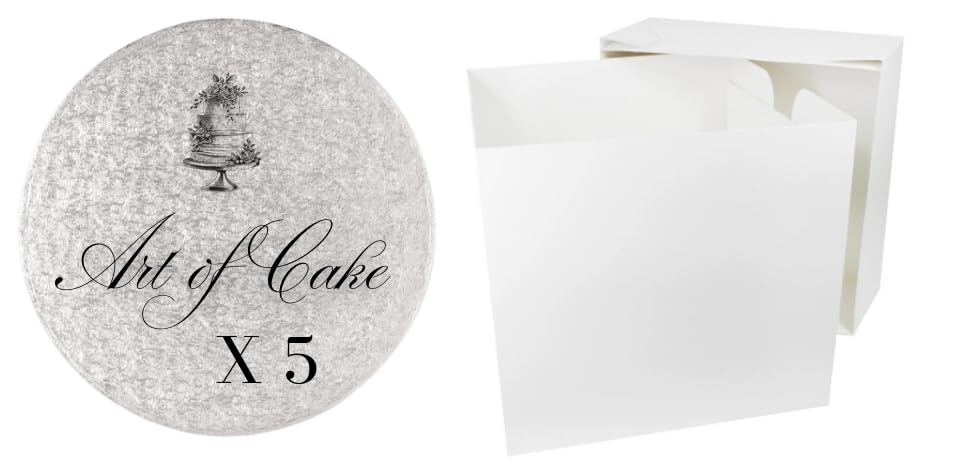 Art of cake -Pack of 5, 8 inch round 12mm thick cake board (drum board) and box -Pack of 5 silver, 8 inch round cake board and box