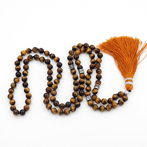 Mala Beads Necklace, Mala Bracelet, Buddhist Prayer Beads Necklace, Tassel Necklace (Tiger Eyes Stone)