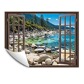 Wall Murals for Bedroom Fake Window Beach Brown Window Removable Wallpaper Peel and Stick Wall Stickers - 24x32 inches