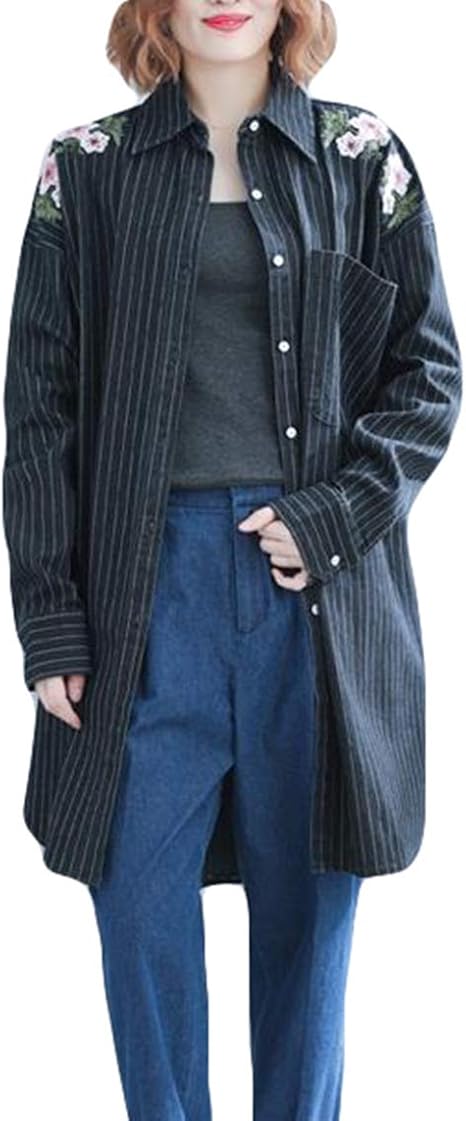 Amazon Qyyシャツワンピース レディース 長袖 ロングシャツ ストライプ柄 花柄 シャツワンピ デニム オシャレ ブラウス オーバーサイズ 春 秋 アウター オシャレ 胸ポケット コート Z黒 シャツ ブラウス 通販