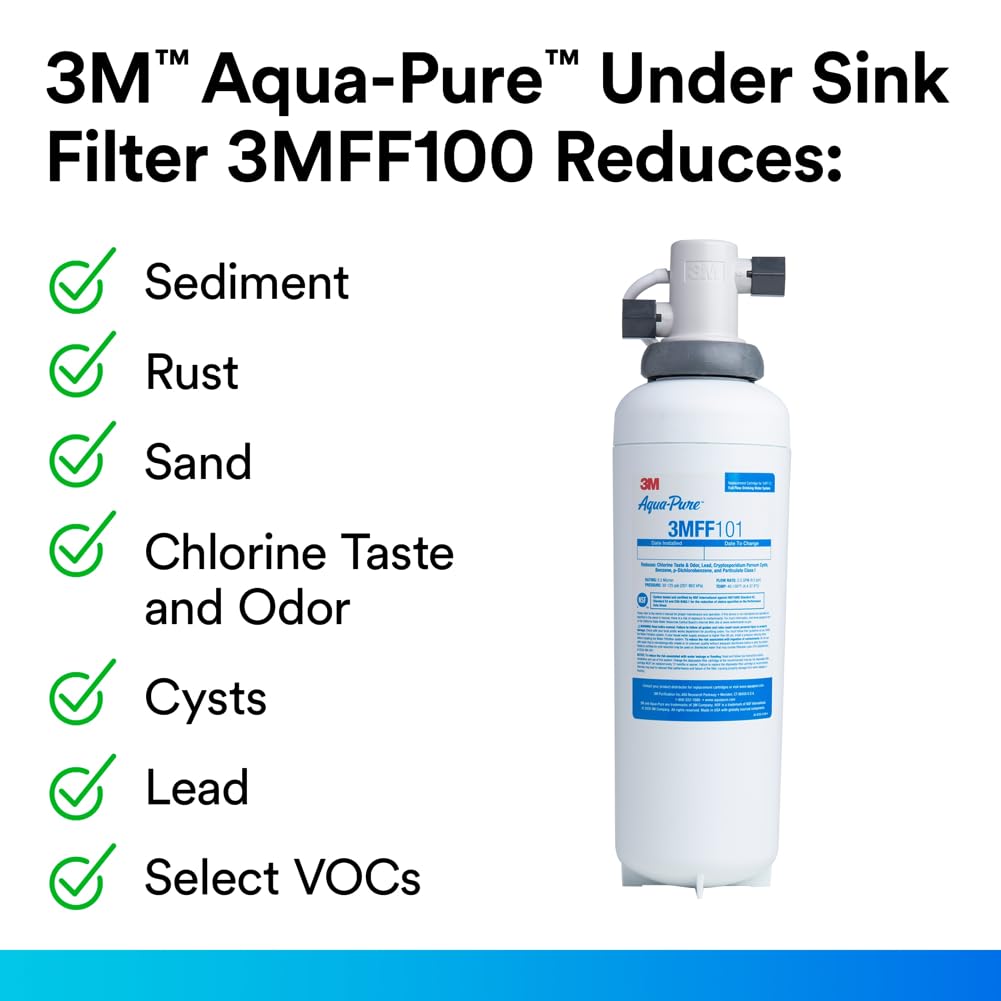 3M Aqua-Pure FF101 Replacement Water Filter Cartridge for Aqua-Pure System 3M FF100, Reduces Lead, Microplastics, Chlorine Taste and Odor, Cysts, Select VOCs