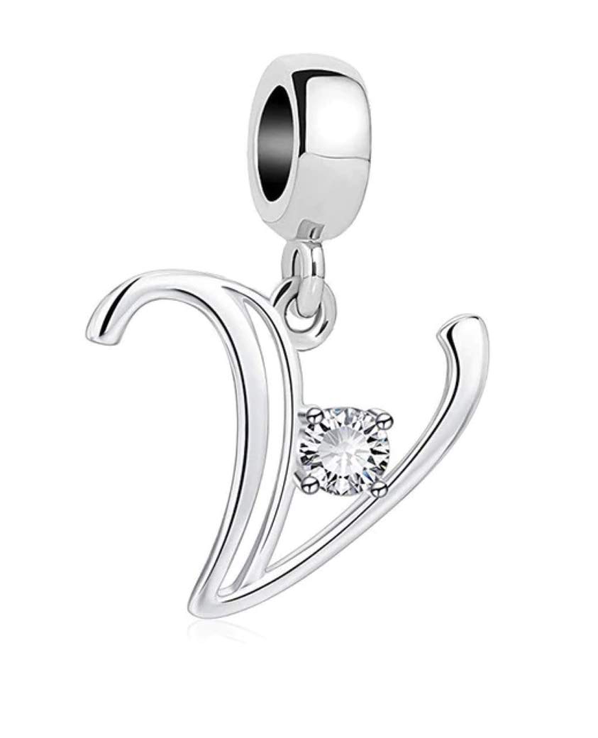 Maria Fonte - Charm Bead Charm Initial Name Letter Pendant in Silver with Zirconia, Compatible with most popular brands of bracelets and necklaces., Silver