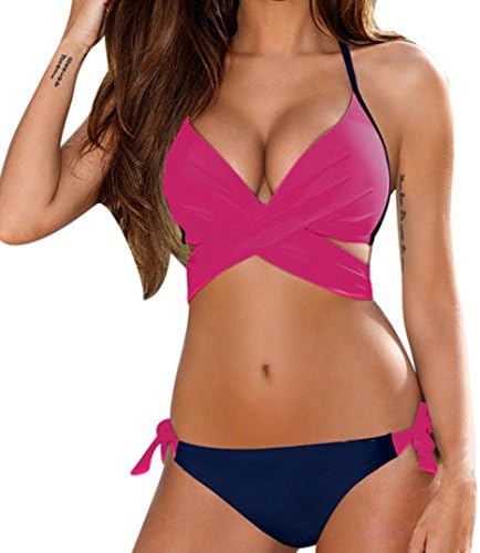 Women Bikini Set Daoroka Ladies 2 Piece Sexy Patchwork Tie Side Bottom Push up Padded Bra Swimsuit Swimwear Beachwear Tankini (XL, Hot Pink)
