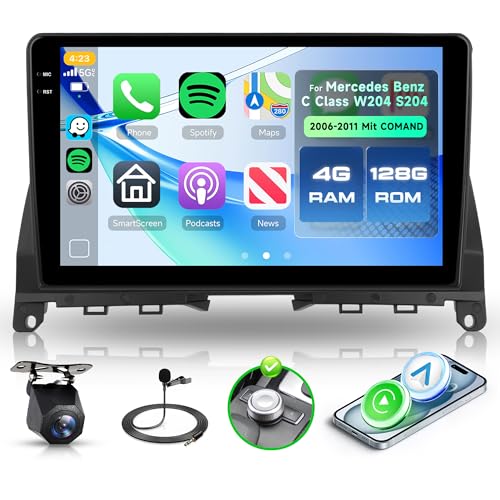 4G+128G Android Car Radio for Mercedes Benz C Class W204 S204 with COMAND 2006-2011, 9" In-Cell Screen Wireless Carplay Android Auto GPS Navi WiFi FM/RDS/EQ Bluetooth Mirror Link SWC Backup Camera