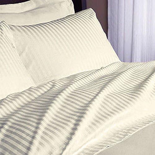 Linen Park 300 TC Egyptian Cotton 1 Fitted Sheet &amp; 2 Pillow Case Olympic Queen Size, Pocket Depth (+24 Inch) Ivory Stripe