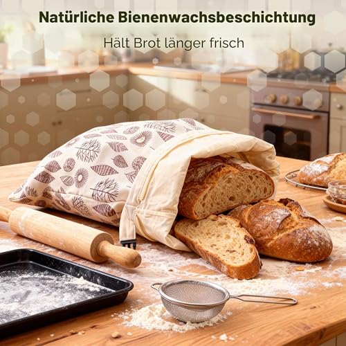 OHIYO Reusable Beeswax Bread Bags 43 cm x 33 cm, Natural Beeswax Coated Cotton Storage Bags for Homemade Bread and Baked Goods (Pack of 2)