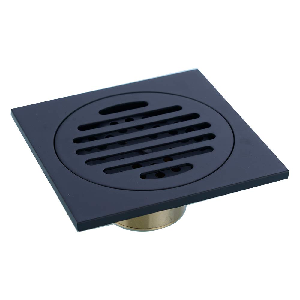 4 inch Square Shower Drain with Removable Cover Grate, Brass Anti Clogging and Odor Point Floor Drain Assembly with Hair Catcher Strainer, Matte Black