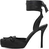 CEFISOP Satin Ballerina Heels for Women Closed Square Toe Bow Knot Ballet Heel Strappy Lace Up Backless Pumps Shoe Casual Mary Jane Stiletto Slingback Shoes