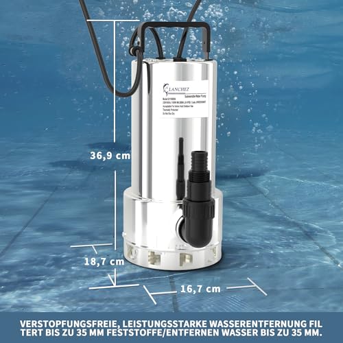 LANCHEZ 1100 W Submersible Dirty Water Pump, 20,000 l/h, Max Discharge Head 8 m, Max Immersion Depth 7 m, with Automatic Float Switch, 10 m Power Cable for Pool Emptying, Basement, Garden