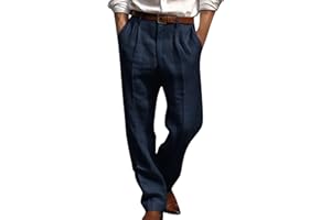 Finelylove Cotton Linen Pants Men Straight Leg Pleated Work Dress Pants Relaxed Fit Casual Leisure Chino Trousers