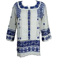 Mogul Womens Tunic Dress Blue Chikankari Embroidered Bohemian Resort Shirt Top Blouse