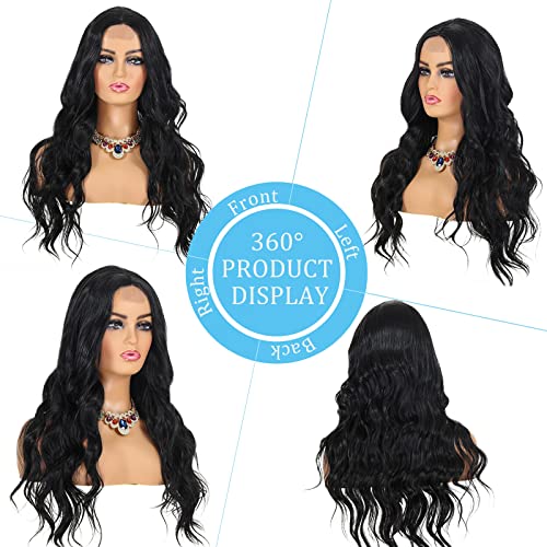POPTAIYU Long Black Wavy Wigs for Women Lace Front Body Middle Part Hair Heat Resistant Synthetic Natural Looking Wigs for Daily Party Use (Black,24inch)