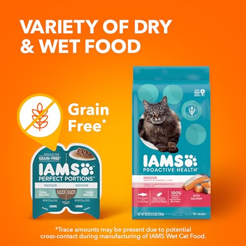 IAMS PERFECT PORTIONS INDOOR ADULT GRAIN FREE WET CAT FOOD CUTS IN GRAVY VARIETY PACK, TUNA RECIPE AND SALMON RECIPE, (12) 2.6 OZ. EASY PEEL TWIN-PACK TRAYS