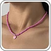 Erimberate Bohemian Enamel Heart Choker Necklace Small White Heart Pendant Necklace White Seed Bead Collar Necklace Heart Rice Bead Necklace Jewelry for Women(White)
