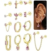 Sanfenly Stud Earrings Small Gold Hoop Earrings Set for Women Flat Back Earring Hypoallergenic Cartilage Earring Lightweight Dainty 14K Gold Stud Earrings for Multiple Piercing Set (Single 13 PCS)