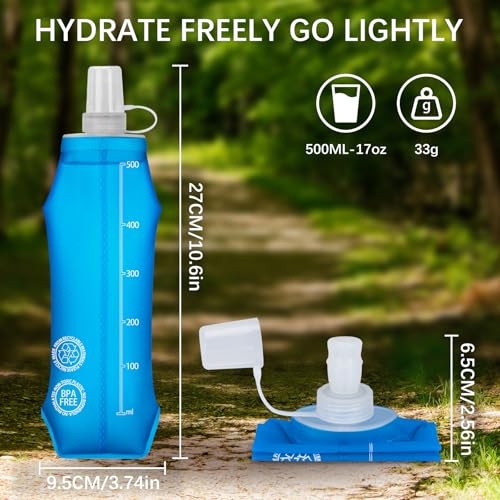 Euqvunn 2 Pcs Soft Water Bottle - BPA Free TPU 500ML Reusable Water Running Flask - Dust and Leak Proof for Hydration Bags, Running, Hiking, Camping, Cycling, Travel