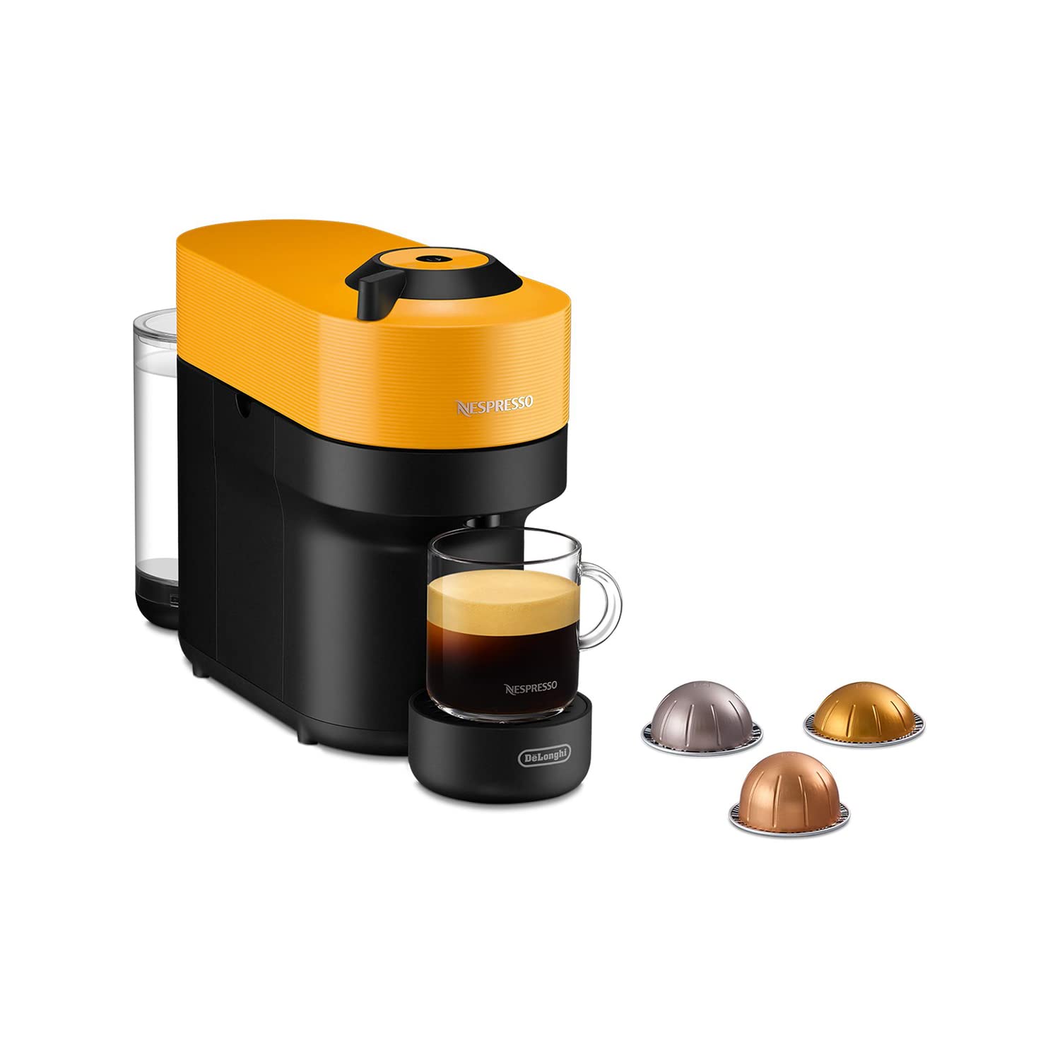 De'Longhi Nespresso Vertuo Pop ENV90.Y, Macchina Caffè a Capsule con Tecnologia Centrifusion, 4 Formati in Tazza, Incluso Set di Benvenuto con 12 Capsule, 1260W, Mango Yellow
