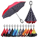 Bagail Double Layer Inverted Umbrellas Reverse Folding Umbrella Windproof UV Protection Big Straight Umbrella for Car Rain Outdoor With C-Shaped Handle Blue Dot