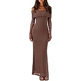 REORIA Women Off Shoulder Long Sleeve Dress Elegant Sexy Stretch Mesh Double Lined Slim Trendy Long Dresses