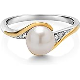 Gem Stone King Cultured Freshwater Pearl and Lab Grown Diamond Ring For Women | 925 Sterling Silver and 10K Yellow Gold | Pearl: 7-7.5MM | Wedding Engagement Anniversary Promise Ring