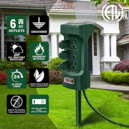 Kasonic 24 Hour Outdoor Stake Timer, 6 Outlets 12 ft Extension Cord