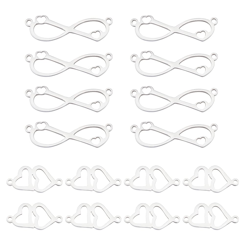 HOBBIESAY 20Pcs 2 Styles Double Heart Connector Charms Infinity Connector with Small Heart Stainless Steel Links Heart-to-Heart Connectors for DIY Necklace Bracelet Jewelry Making Hole 1.4mm