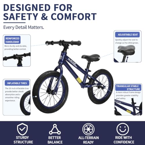 Bueuwe 16 Inch Balance Bike for Big Kids Aged 4 5 6 7 8 and 9 Years Old Boys Girls,Large No Pedal Training Bicycle, Adjustable Seat, Pneumatic Tires, Quick Assembly