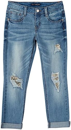 Vanilla Star Big Girls Sequin Distress Crop Jeans 12 Milan denim blue