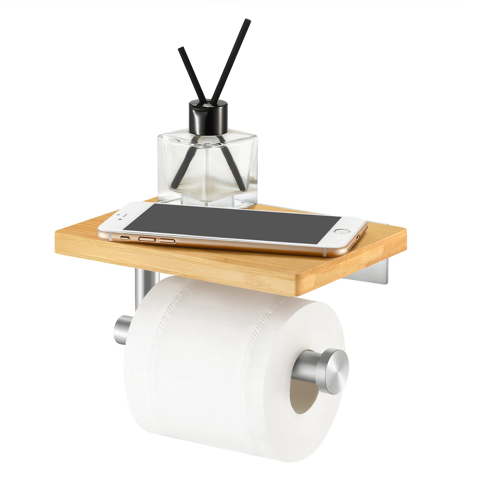 KES Toilet Roll Holder with Shelf for Bathroom, Toilet Paper Holder with Bamboo Shelf Wall Mounted, Brushed Stainless Steel, BPH220BA-2