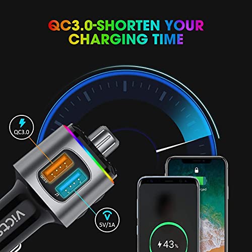 Bluetooth FM Transmitter for Car, Dynamic RGB Wireless Bluetooth Adapter Car Kit with V5.0, QC3.0 and Dual USB Charging Ports, Support Siri Google Assistant, Micro SD Card, Hands-Free Calling