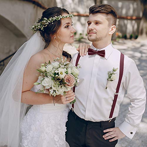 Trilece Suspenders for Men with Bowtie Set - Adjustable Elastic Y Back Style Suspender Bow Tie (Burgundy Set)