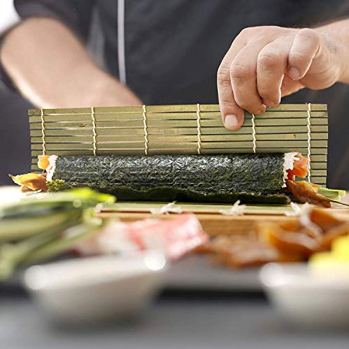 Sushi Making Kit Bamboo All in One - 2 Sushi Roller Mats, 1 Rice Paddle, 1 Rice Spreader, 5 Pairs Chopsticks, 2 Plates and 1 Canvas Chopstick Bag - DIY Sushi/California Rolls Maker Mats Utensils