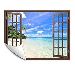 Wall Murals for Bedroom Fake Window Beach Brown Window Removable Wallpaper Peel and Stick Wall Stickers - 24x32 inches