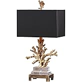 PURESILKS 27” Crystal Table Lamp,Gold Coral Design and Rectangular Fabric Shade,Nordic Style LED Desk Lamp Modern Bedside Tab