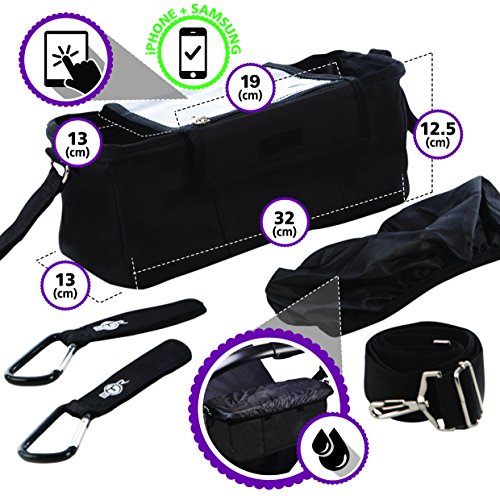 BEST Grey STROLLER ORGANIZER Plus 2 x FREE Stroller Hooks & WATERPROOF Cover. UNIVERSAL Fitting For ALL Strollers Plus Exclusive Phone-Flip-Pocket Cell Phone Holder. Must Have Stroller Accessory - Thumbnail 2