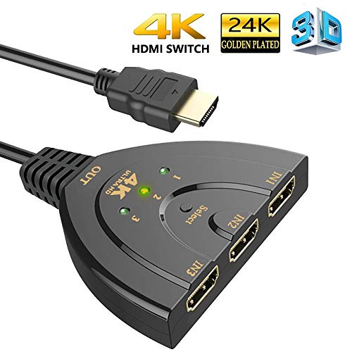 HDMI Switch, Adaptermvp Gold Plated 3-Port HDMI Switcher,Splitter,Supports Full HD 4K 1080P 3D Player, HD TV,LCD,PC,Projector,Auto Switch to Any HDMI Input Device by Press The Button