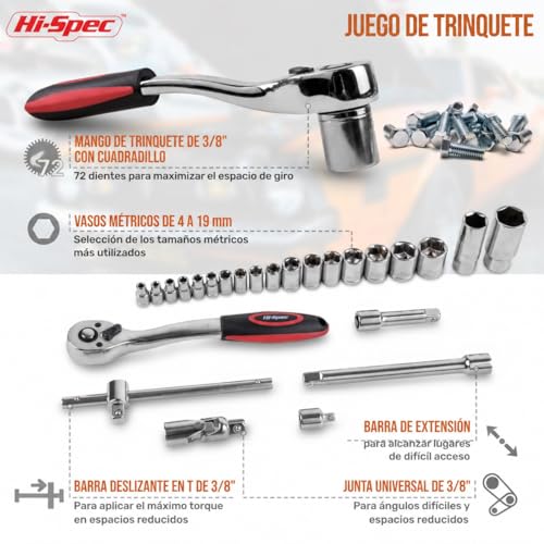Hi-Spec Juego de Herramientas para Mecánica Automotriz de 67 Piezas. Herramientas Manuales de Bricolaje para Reparación y Mantenimiento de Automóviles, Bicicletas, y Motos. con Maletin de Transporte