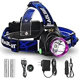 GRDE 3 Modes Bright LED Headlamp Waterproof Head Light with Rechargeable Batteries, Car Charger, Wall Charger and USB Cable for Outdoor Activities