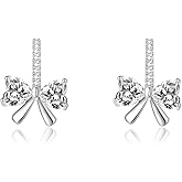 SLUYNZ 925 Sterling Silver CZ Bow Stud Earrings for Women Teens Love Bowknot Stud Earrings Drop Christmas Gifts Bow Jewelry