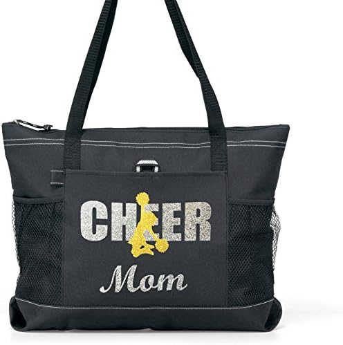 Glitter CHEER Mom Tote. Silver and gold glitter on a Large BlackTote